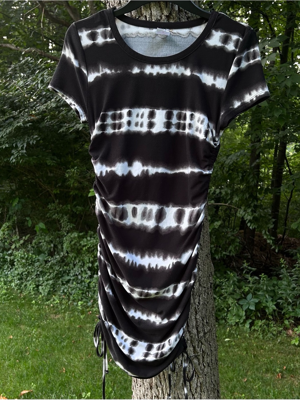 No Boundaries Black and White Tie-Dye Ruched Mini Dress